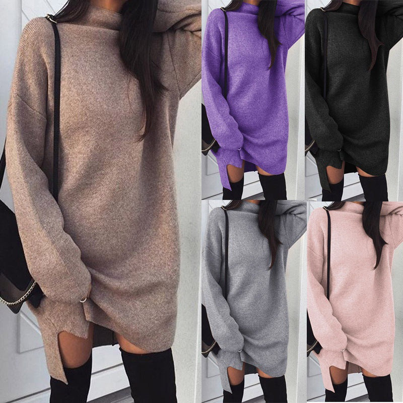 Oversized Turtleneck Fleece Dress Side Slit