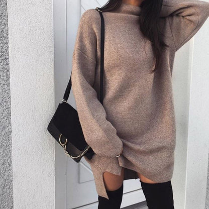 Oversized Turtleneck Fleece Dress Side Slit
