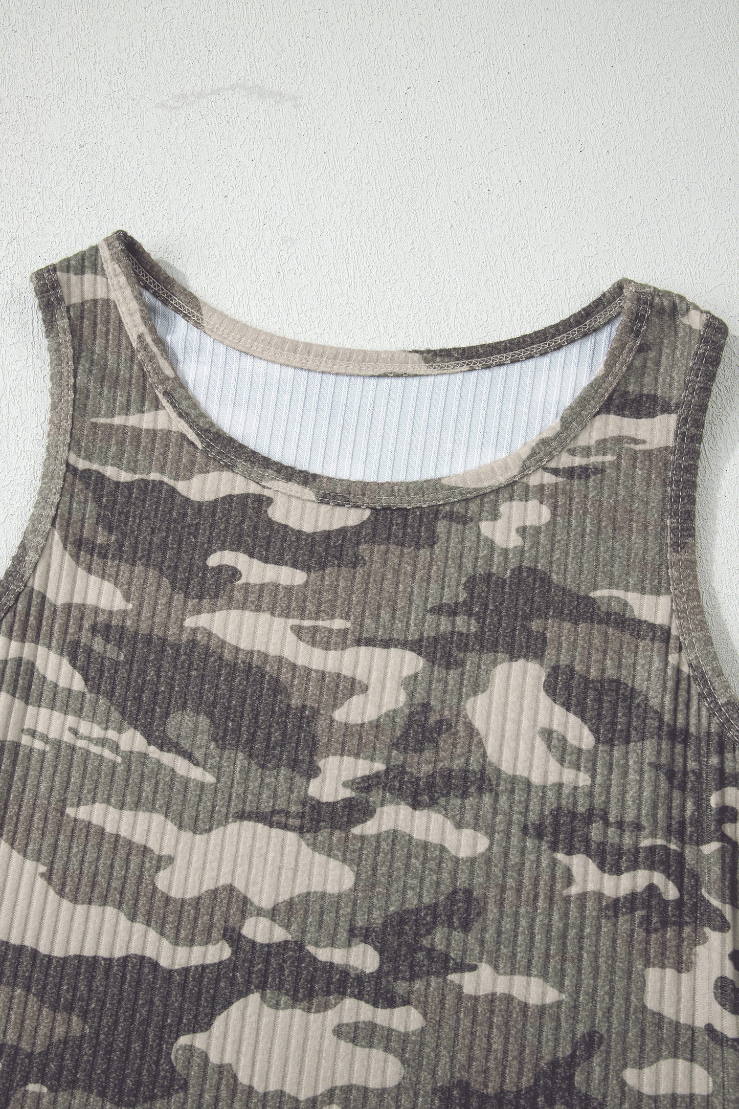 Green Camo Ribbed Knit Scoop Neck Tank Top
