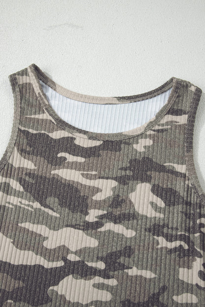 Green Camo Ribbed Knit Scoop Neck Tank Top