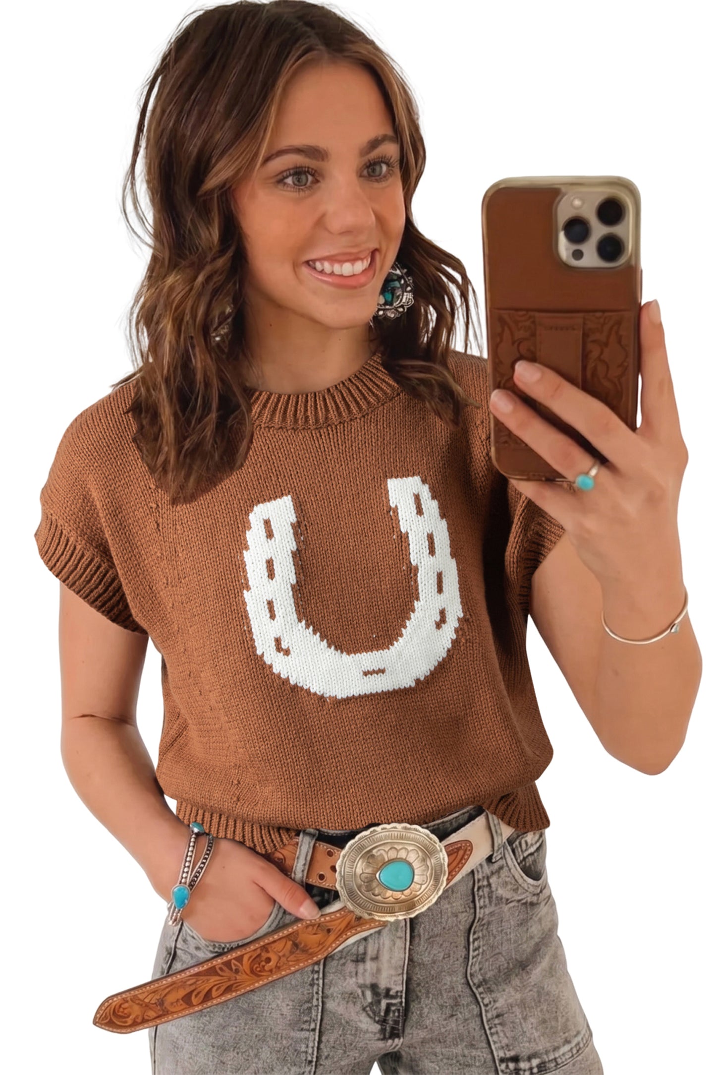 Western Horseshoe Knit Sweater Tee Short Sleeve Pullover
