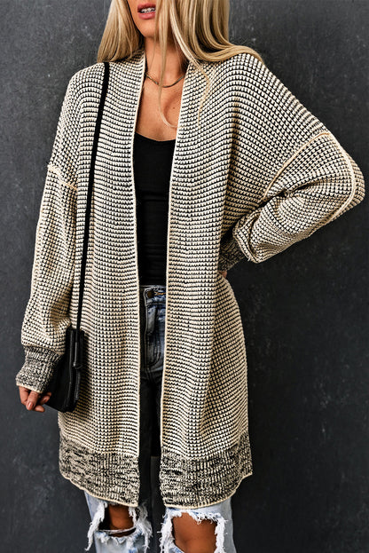 Black Plaid Knitted Long Open Front Cardigan