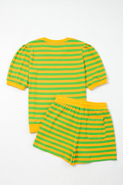 Green Stripe Puff Sleeve Lounge Set Drawstring Shorts