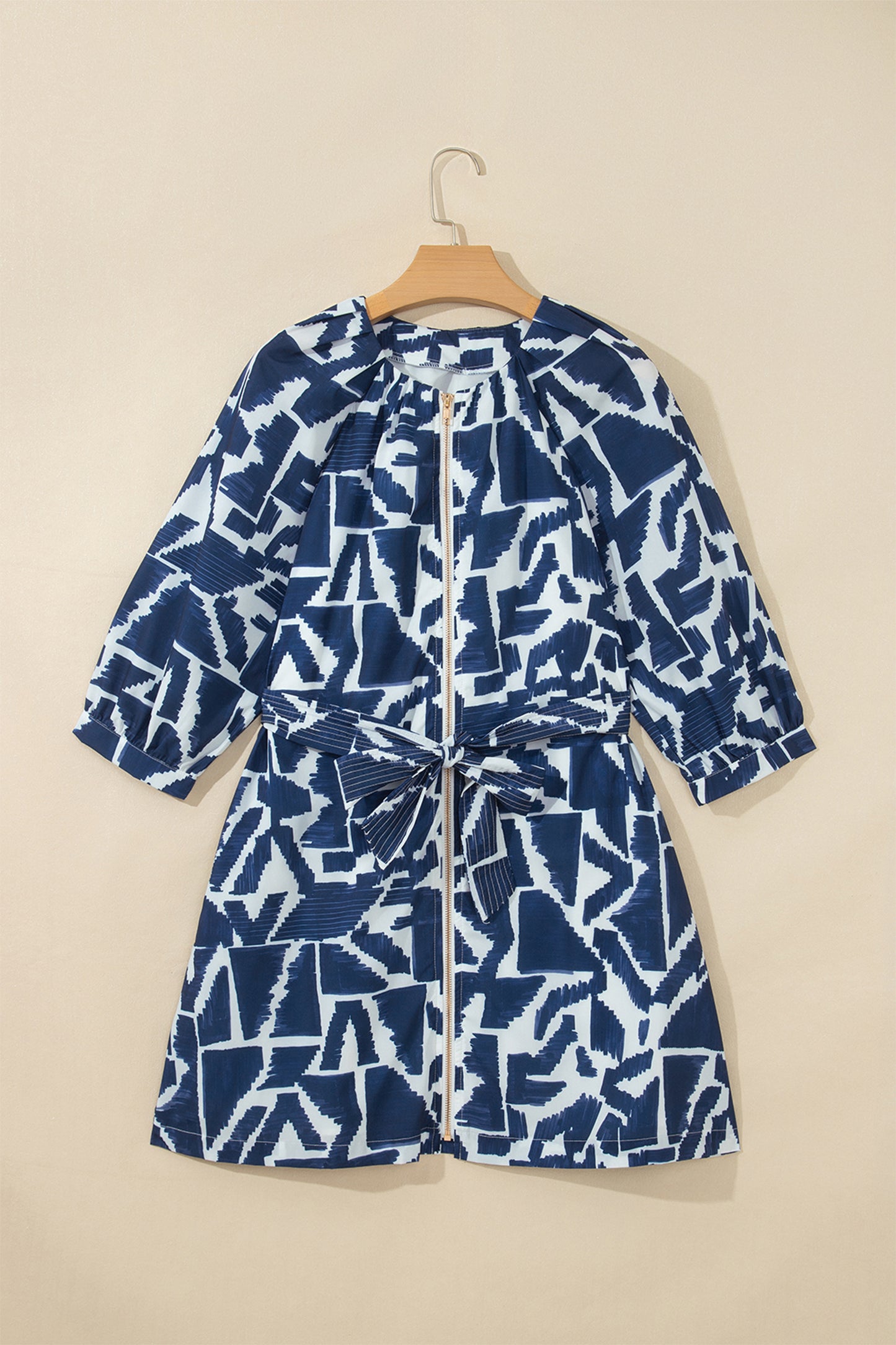 Blue Abstract Print Zip Front Tie Waist Mini Dress