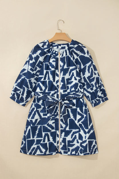 Blue Abstract Print Zip Front Tie Waist Mini Dress