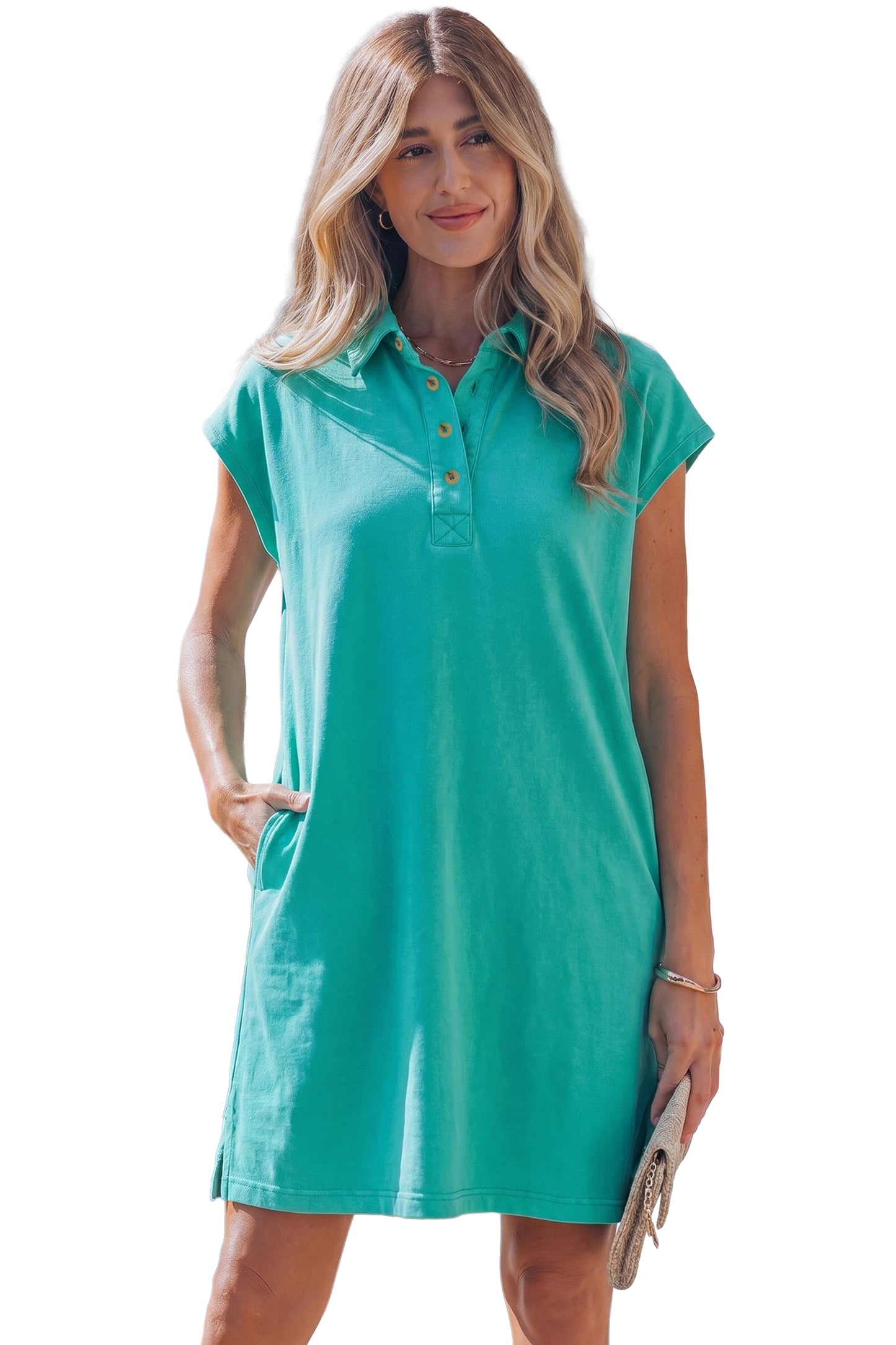 Sea Green Polo Collar T Shirt Dress Casual Shift Style