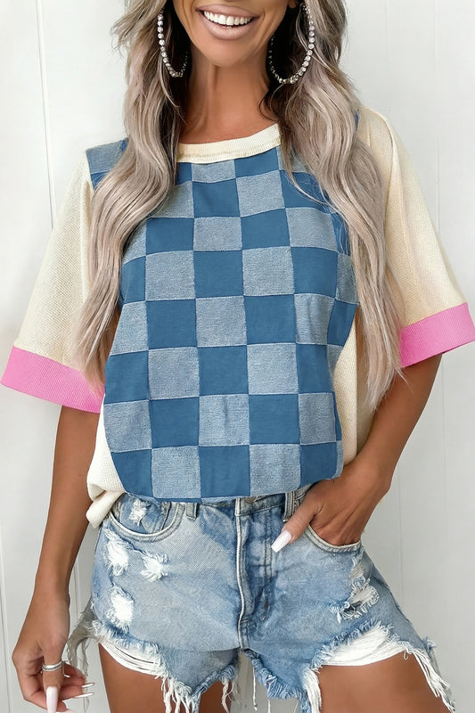 Blue Checkerboard Patchwork Short Sleeve Loose Fit Top