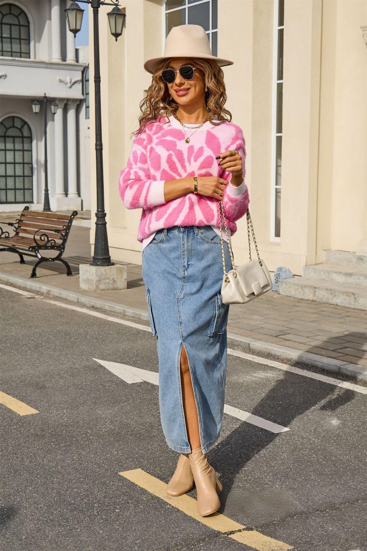 Fuzzy Floral Pullover Sweater – Cozy Knit for Winter