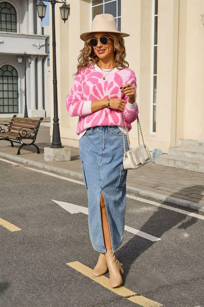 Fuzzy Floral Pullover Sweater – Cozy Knit for Winter