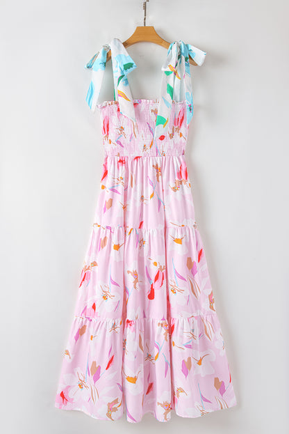 Pink Floral Smocked Maxi Dress Tie Shoulder Flowy