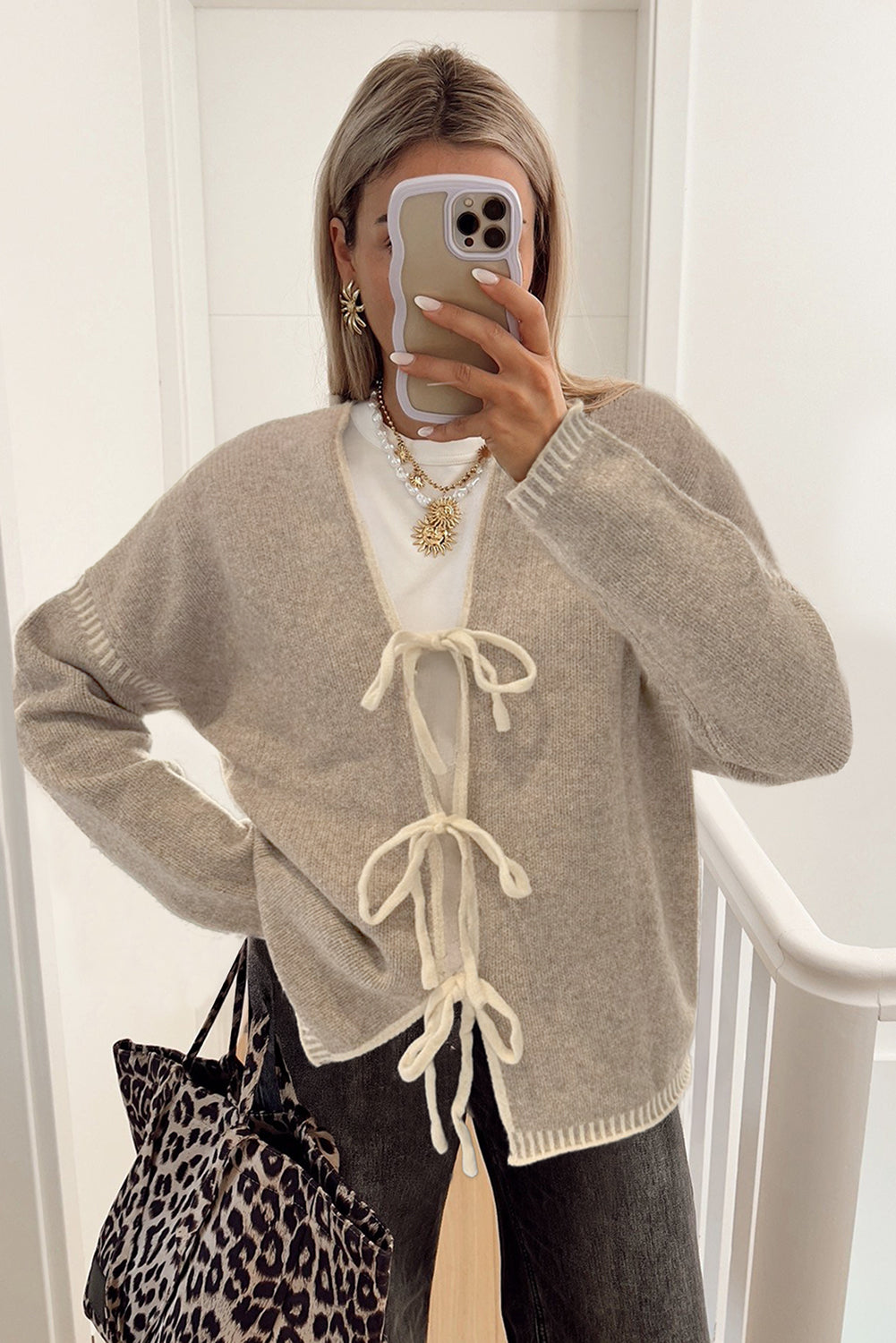 Khaki Tie Front Drop Shoulder Knit Cardigan Sweater