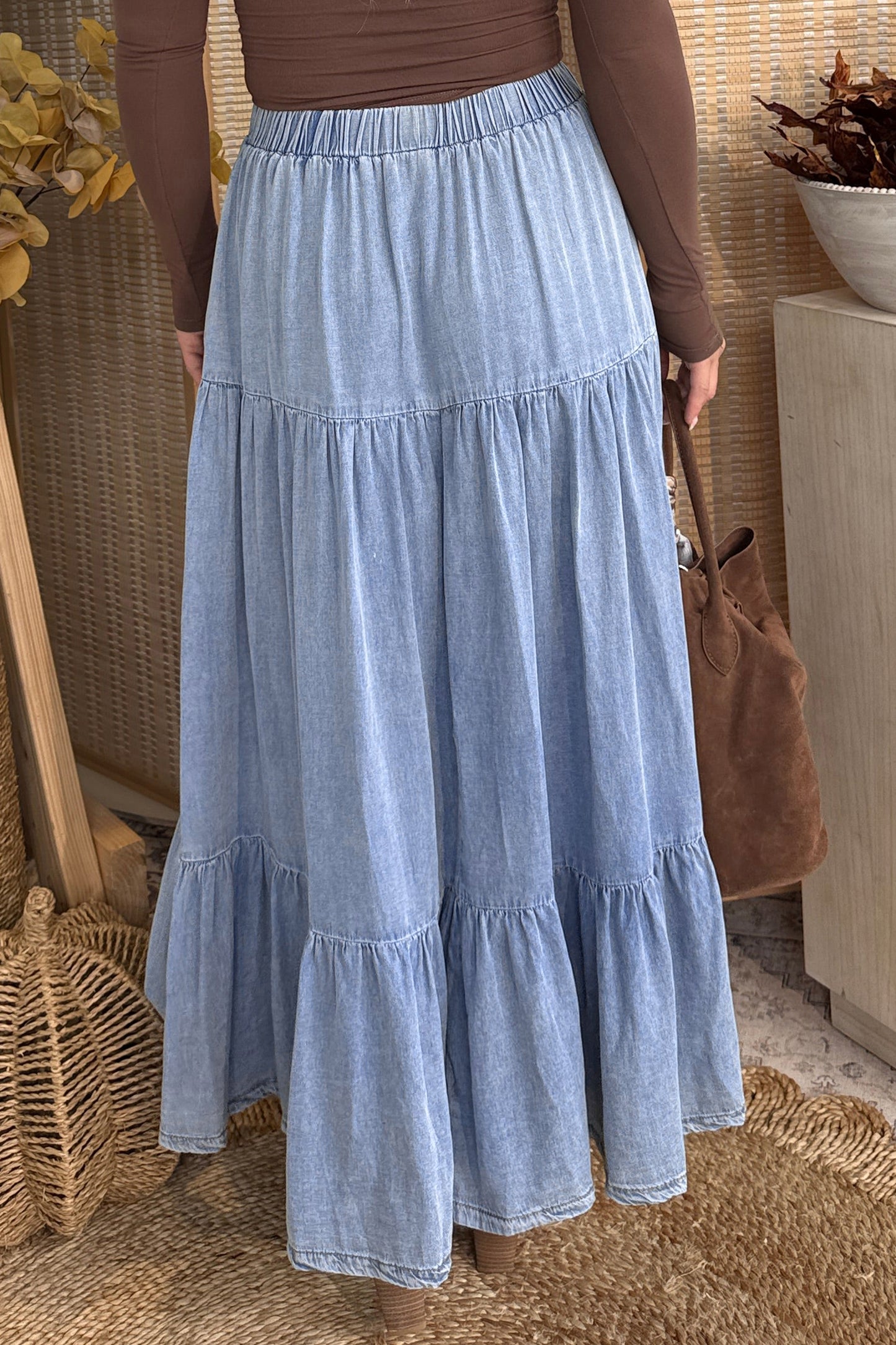 Blue Tiered Denim Maxi Skirt Elastic Waist Casual Summer