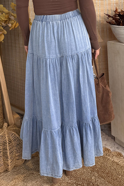 Blue Tiered Denim Maxi Skirt Elastic Waist Casual Summer