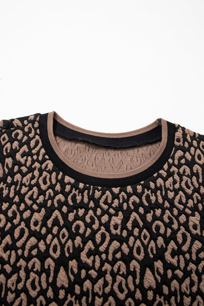 Leopard Print Crew Neck Puff Sleeve Knit Top