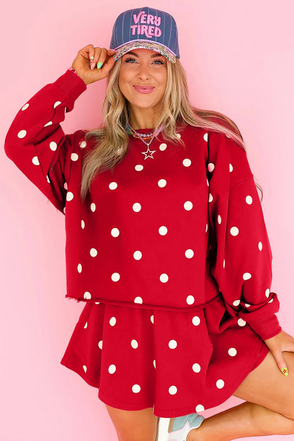 Brown Polka Dot Sweatshirt Skort Two Piece Set