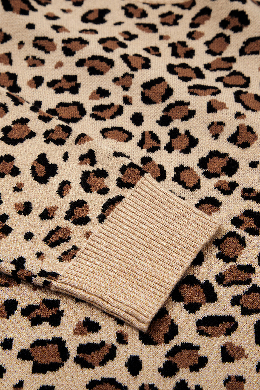 Khaki Leopard Print Crew Neck Long Sleeve Knit Sweater