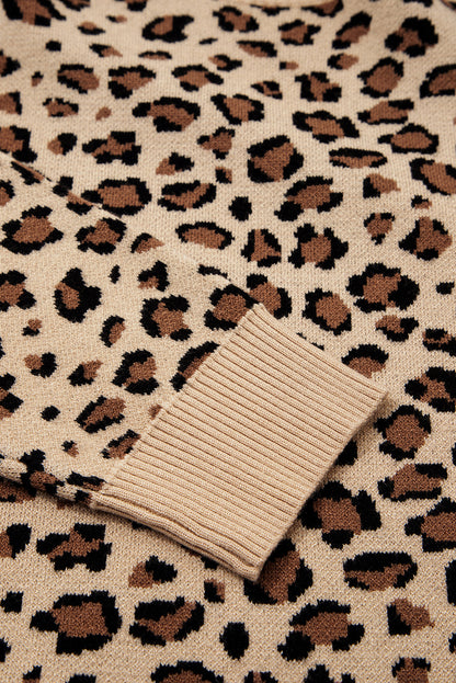 Khaki Leopard Print Crew Neck Long Sleeve Knit Sweater