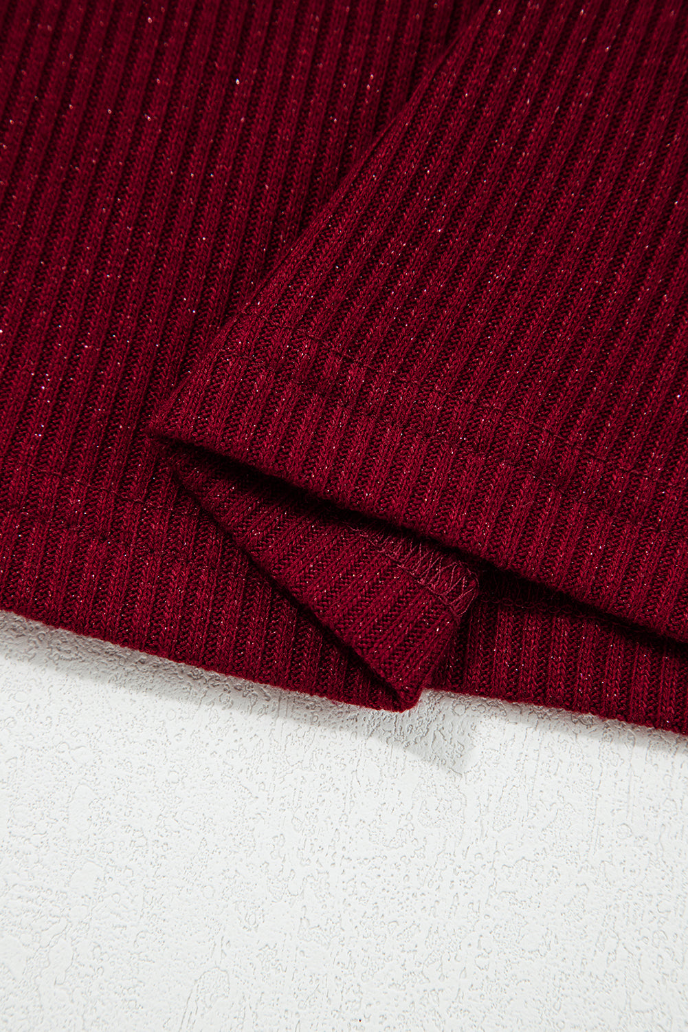 Red Metallic Ribbed Knit Long Sleeve Slim Fit Top