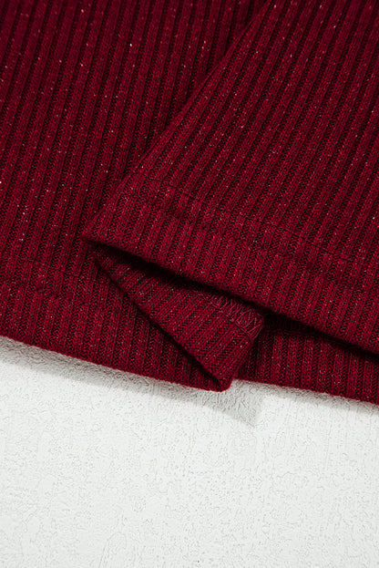 Red Metallic Ribbed Knit Long Sleeve Slim Fit Top