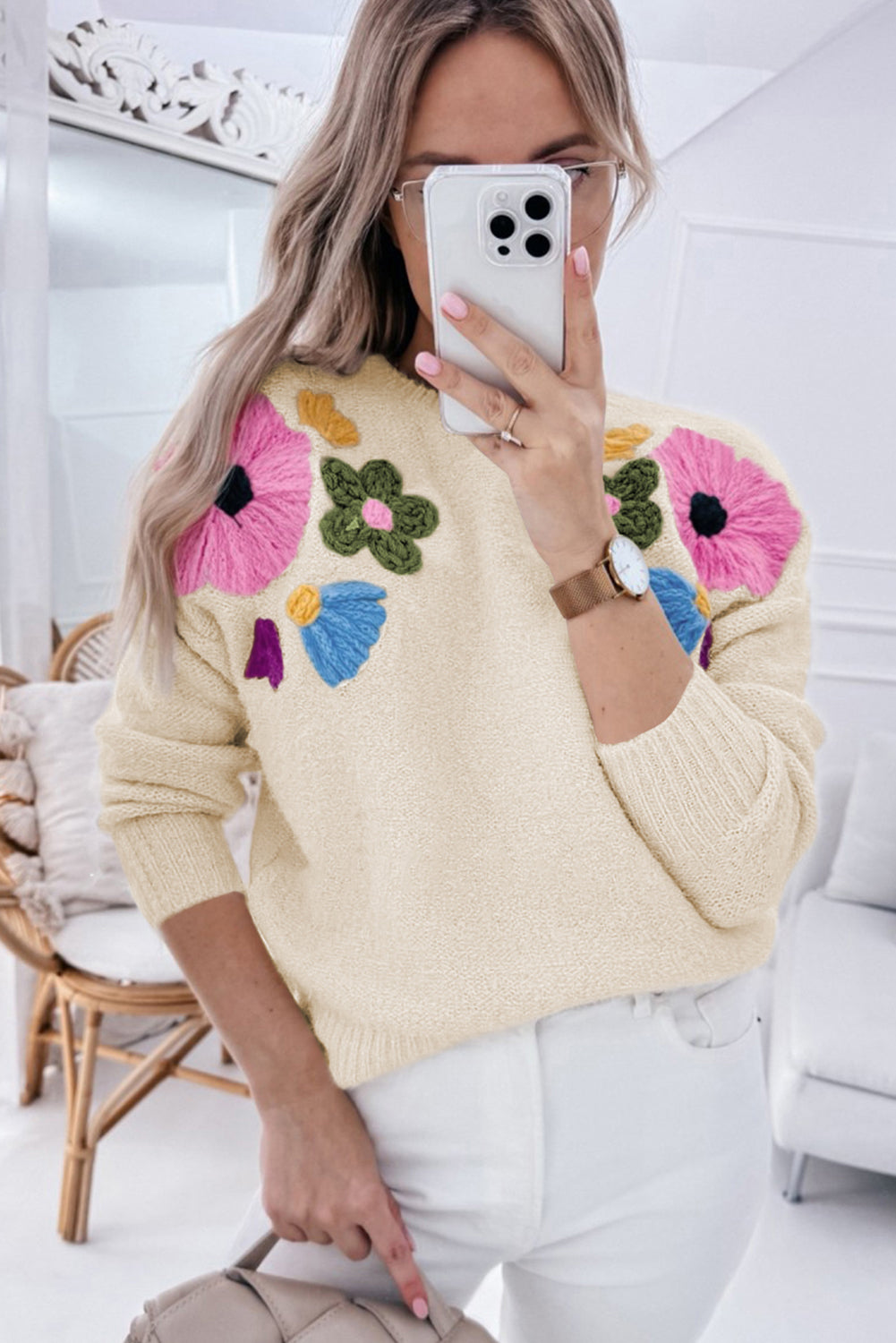 Pink Knitted Flower Pattern Ribbed Edge Sweater