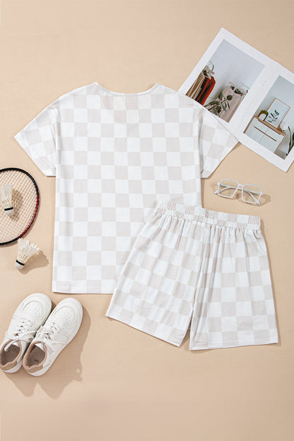 Beige Checkered Lounge Set V Neck Tee Shorts