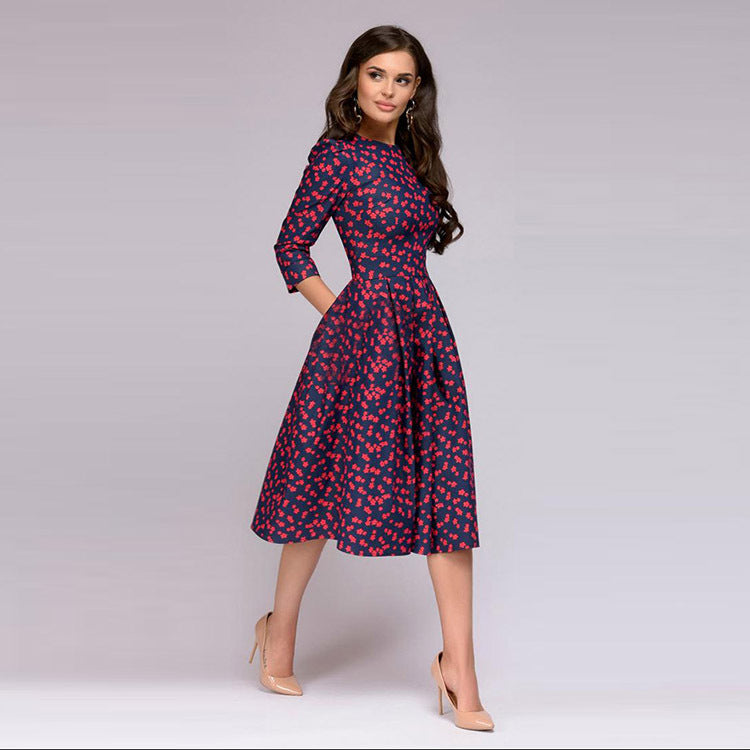 Women's Floral A-Line Midi Dress 3/4 Sleeve Vintage Party