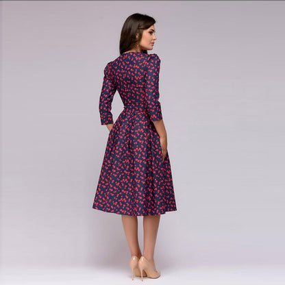 Women's Floral A-Line Midi Dress 3/4 Sleeve Vintage Party