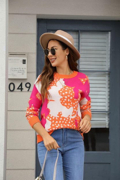 Colorblock Jacquard Knit Sweater – Cozy Pullover for Fall