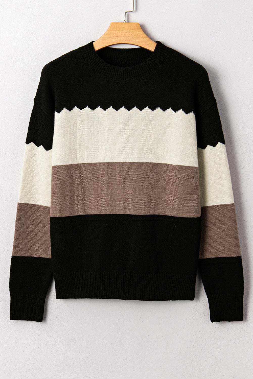 Black Beige Brown Colorblock Drop Shoulder Knit Sweater