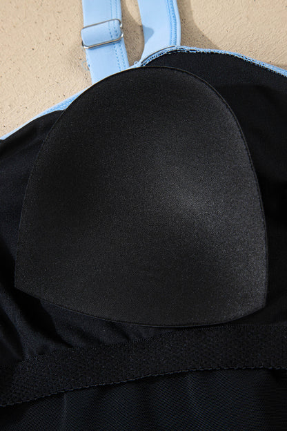 Black Color Block Detail Adjustable Straps One Piece Swimsuit