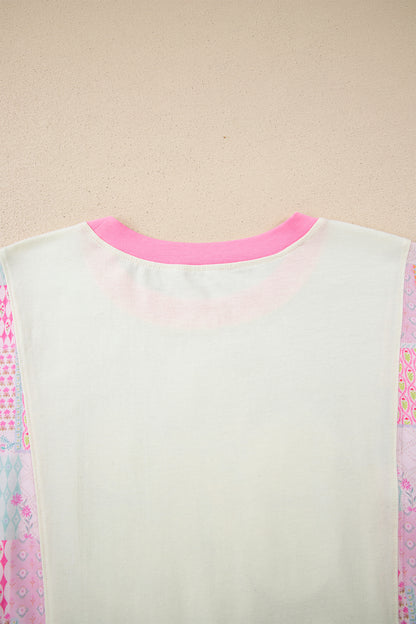 Beige Floral Patchwork Color Block Relaxed Fit Top