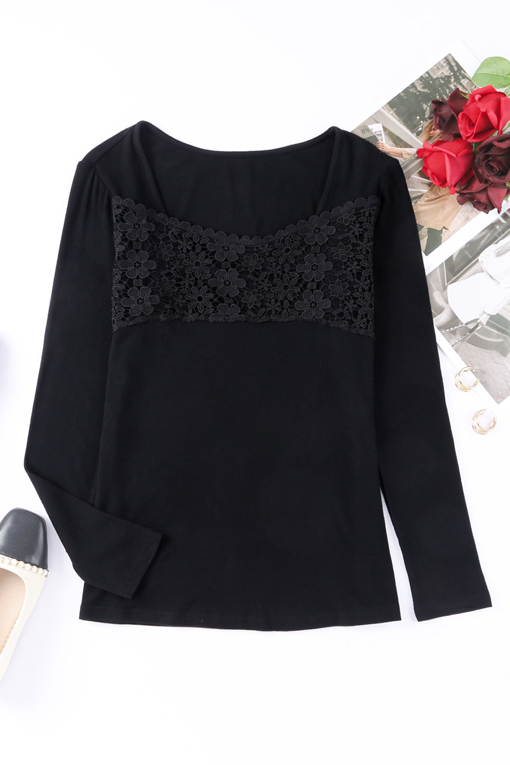 Black Lace Crochet V Neck Long Sleeve Top