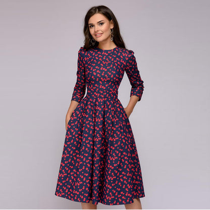 Women's Floral A-Line Midi Dress 3/4 Sleeve Vintage Party