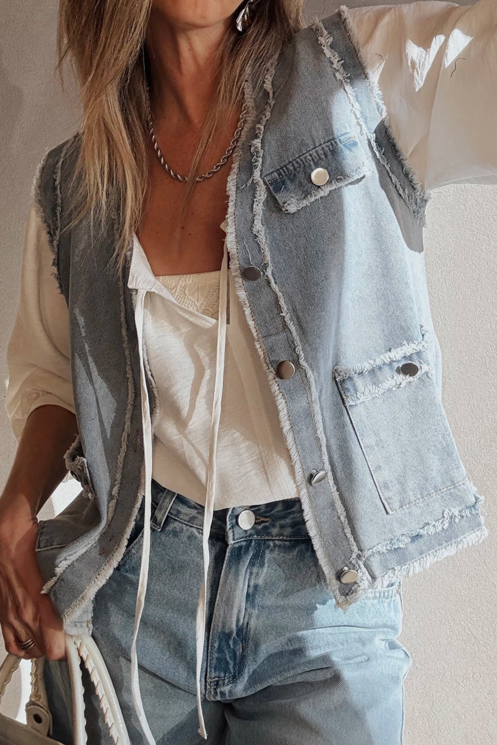 Light Wash Frayed Edge Flap Pocket Button Down Denim Vest