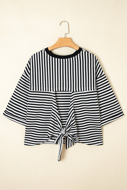 Red Stripe Bow Cutout Back Drop Shoulder Loose Tee