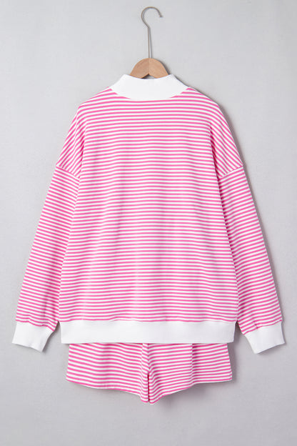 Pink Stripe Oversized Mock Neck Sweatshirt Shorts Set