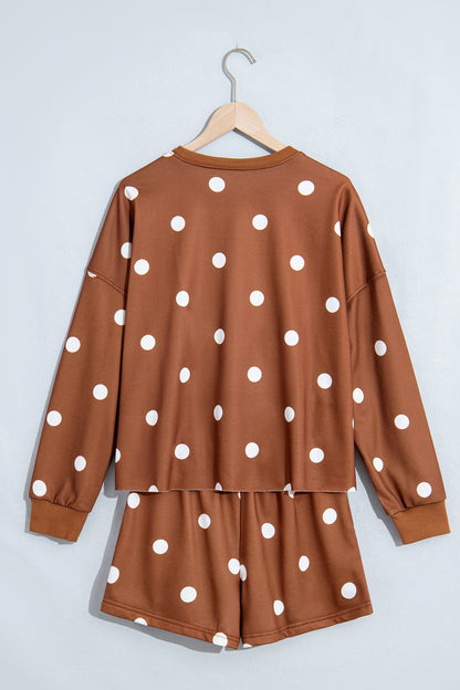 Brown Polka Dot Sweatshirt Skort Two Piece Set
