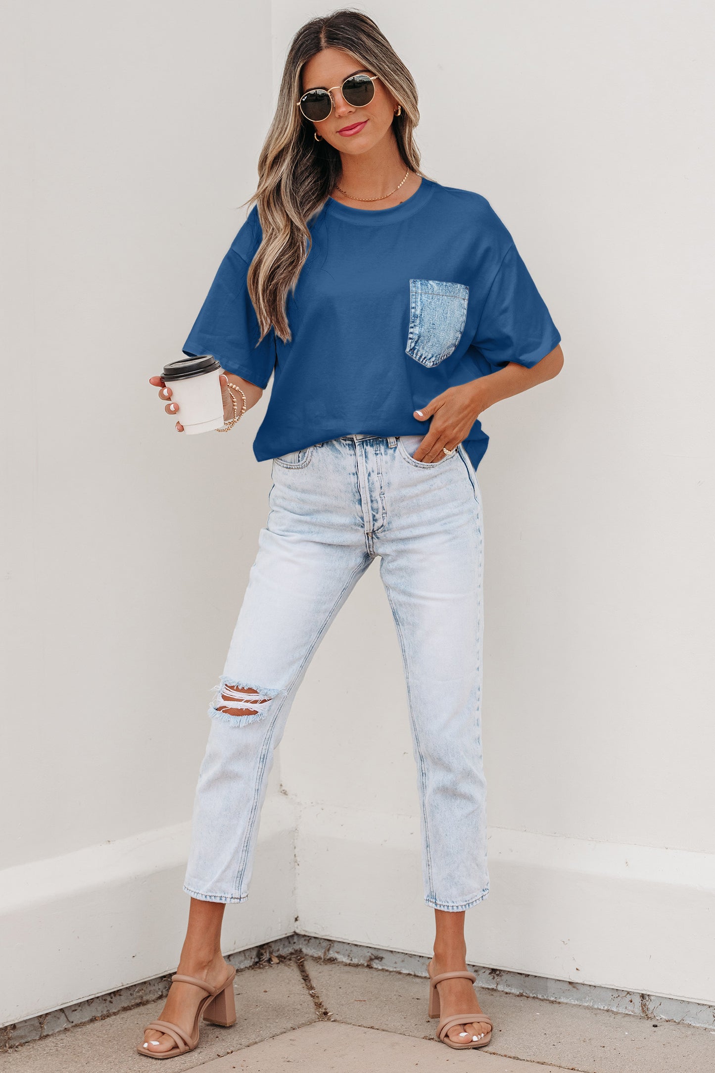 Pocket Tee Women Contrast Denim Pocket Casual T Shirt