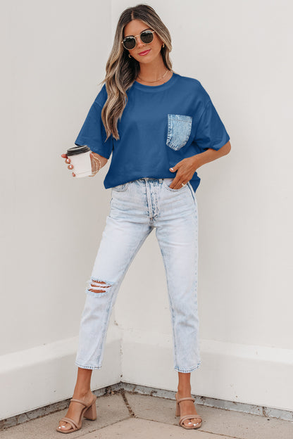 Pocket Tee Women Contrast Denim Pocket Casual T Shirt