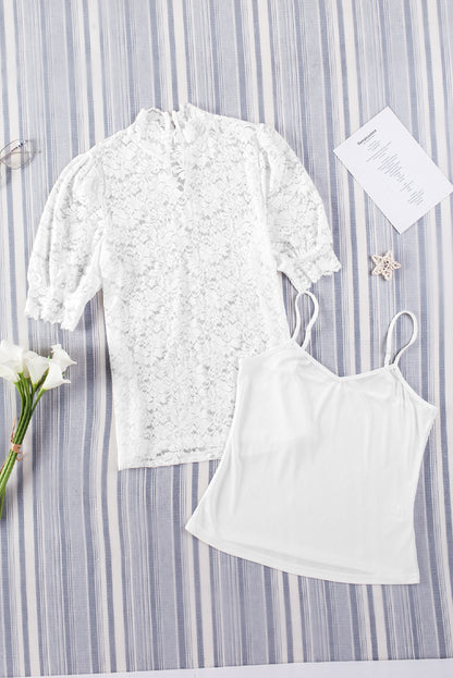 Green High Neck Lace Short Sleeve Blouse