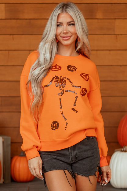 Sequin Skeleton Pumpkin Halloween Crewneck Sweatshirt
