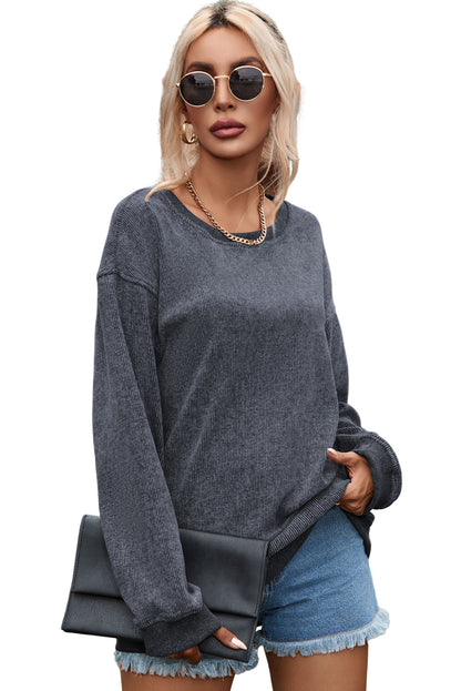 Customizable Solid Ribbed Knit Round Neck Casual PulloverSweatshirt