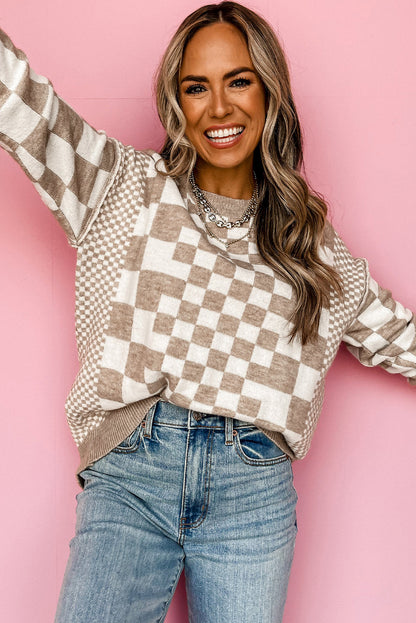 Brown Checkered Print Drop Shoulder Round Neck Sweater