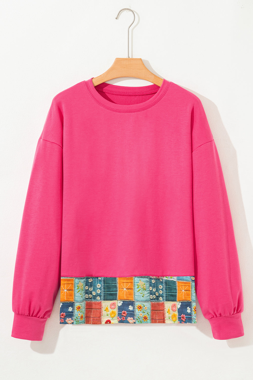 Bright Pink Patchwork Hemline Round Neck Casual Top