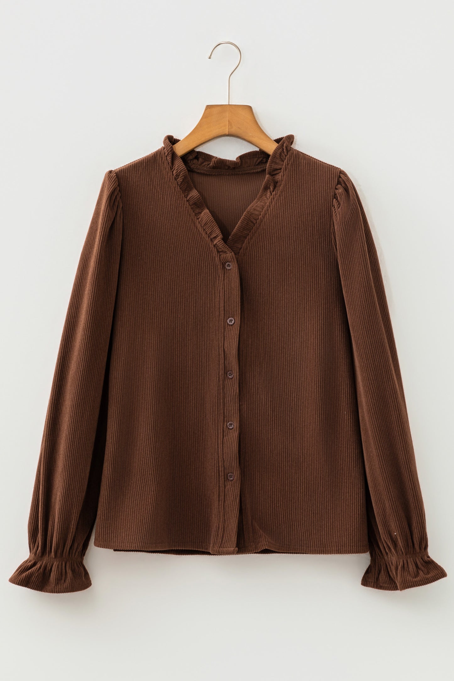 Coffee Corduroy Ruffle V Neck Button Shacket