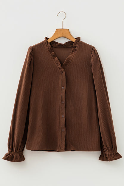 Coffee Corduroy Ruffle V Neck Button Shacket