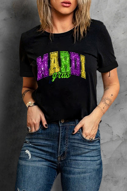 Black Glitter Mardi Gras Letter Graphic Heat Transfer Tee