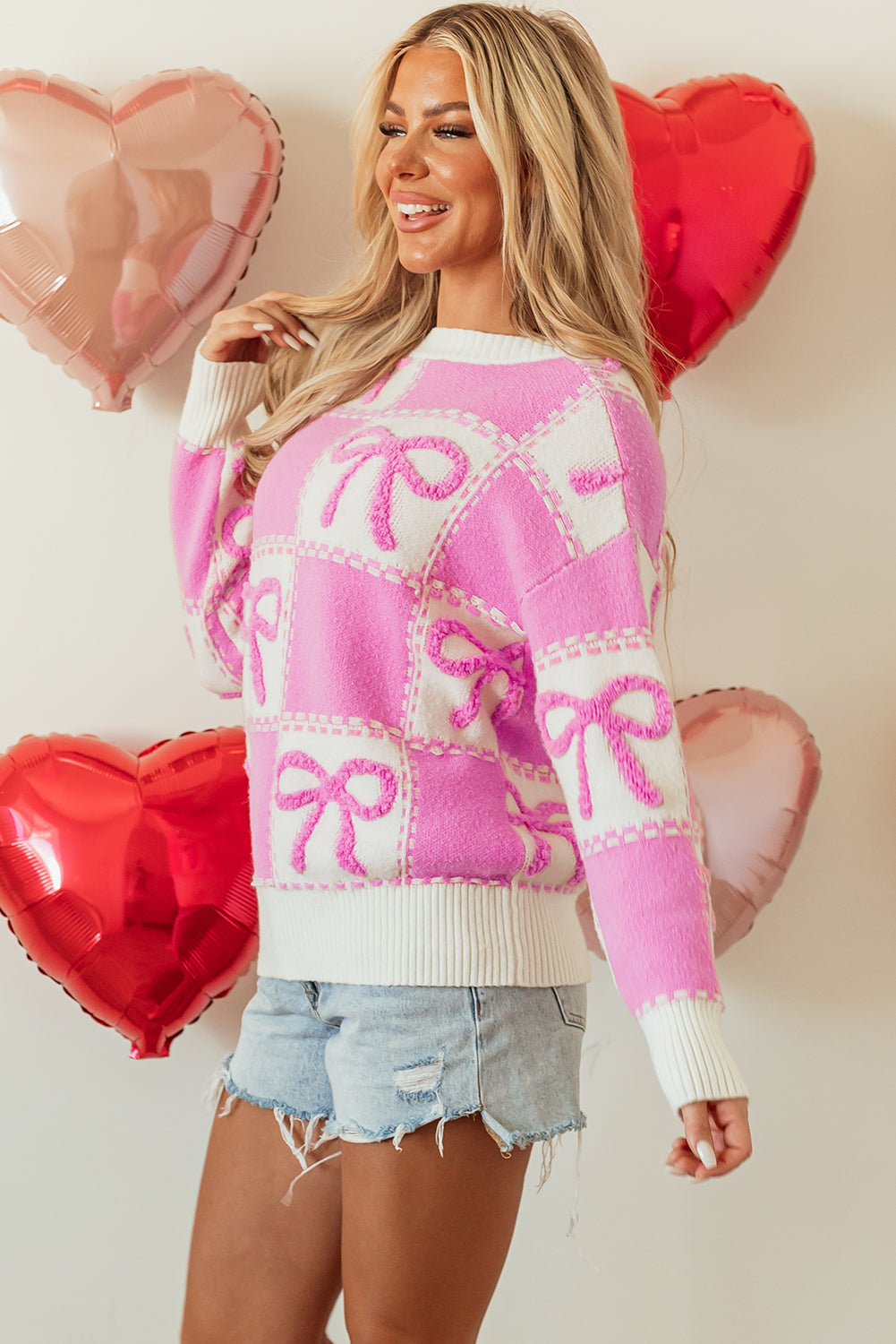 Valentine’s Day Pink Bow Checkered Knit Crew Neck Sweater
