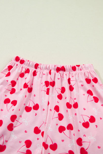 Rose Cherry Bow Mixed Print Scalloped Edge Short Pajama Set