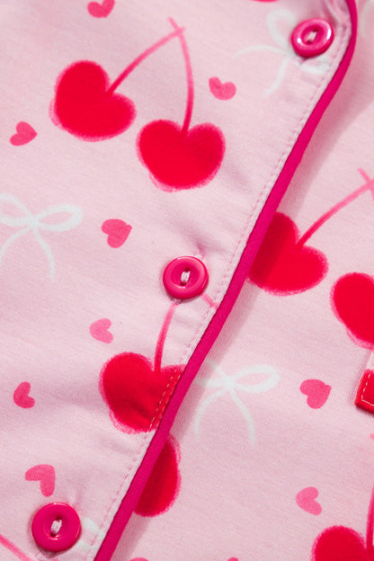 Rose Cherry Bow Mixed Print Scalloped Edge Short Pajama Set